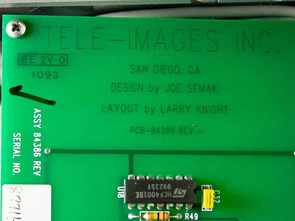 Tele-Images 84386 PCB-84386 REV – internal PCB label showing Tele-Images Inc San Diego CA, design credits, date code 1093, and STMicroelectronics HCF4001BE IC
