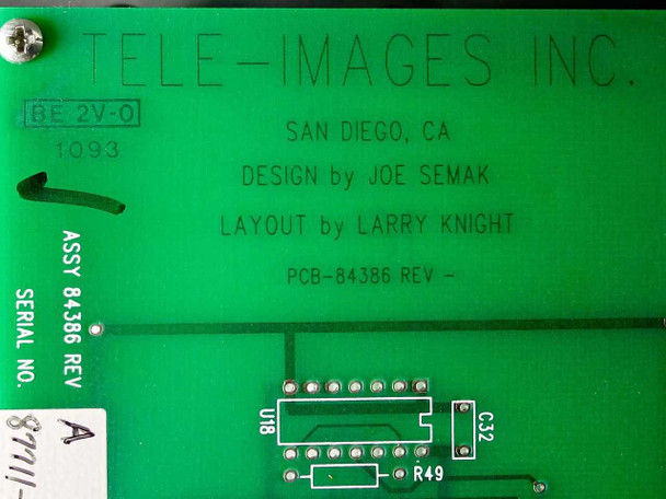 Tele-Images 84386 internal PCB – board label showing manufacturer Tele-Images Inc., San Diego CA, design credits, and PCB-84386 designation