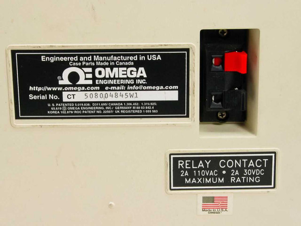 Close-up of Omega Engineering label and relay contact rating plate reading 2A 110VAC, 2A 30VDC Maximum