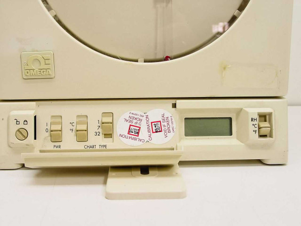 Omega CT508 front lower panel showing PWR switch, Chart Type selector switches, LCD display, and calibration seal sticker