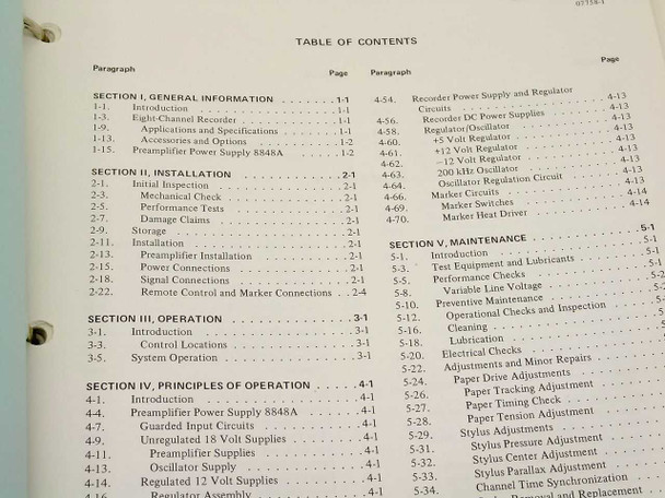 HP 7758A 7418A manual — table of contents pages I through V covering general information, installation, operation, principles of operation, and maintenance sections
