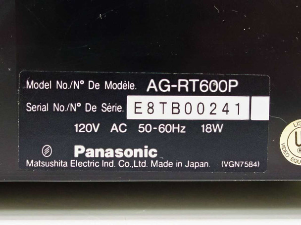 Panasonic AG-RT600P rating label — shows model AG-RT600P, serial E8TB00241, 120V AC 50-60Hz 18W, Made in Japan by Matsushita Electric