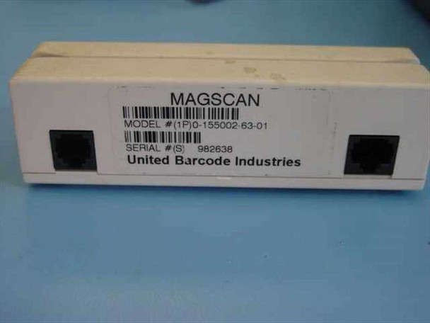 UBI Magscan bottom label showing model number 0-155002-63-01, serial number, and United Barcode Industries branding