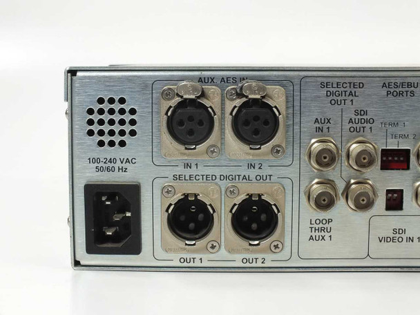 Wohler VAMP-1 rear panel left section – IEC AC inlet (100-240V 50/60Hz), AUX AES/EBU In 1 and In 2 XLR ports, Selected Digital Out XLR ports