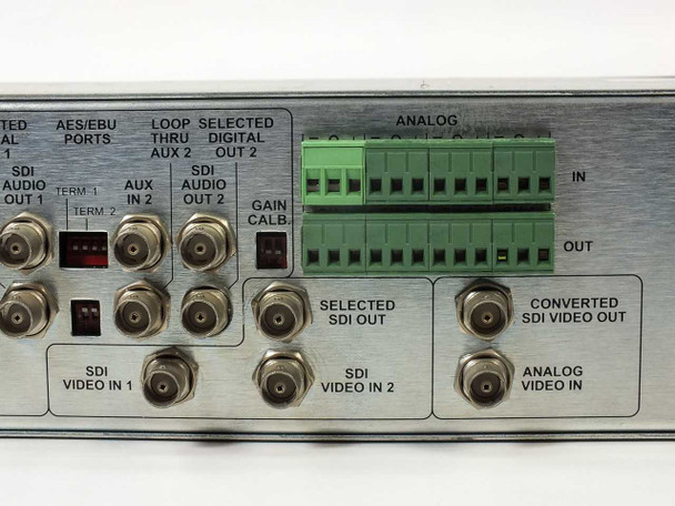 Wohler VAMP-1 rear panel right section – BNC ports for SDI Video In 1 and 2, Selected SDI Out, Converted SDI Video Out, Analog Video In, and analog terminal block