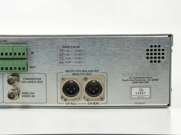 Wohler VAMP-1 rear panel far right – Gain Calibration legend, Selected Balanced Analog Out XLR CH A(L) and CH B(R), Panorama DTV branding label, and part number 253524-01