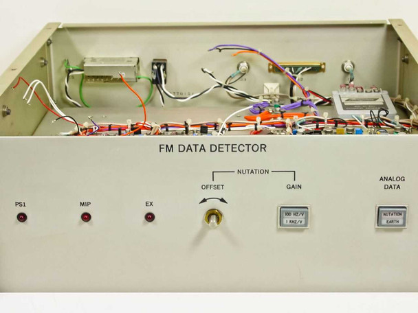 Hughes Galaxy FM Data Detector front panel closeup — PS1, MIP, EX LED indicators; Nutation Offset and Gain controls; Analog Data output