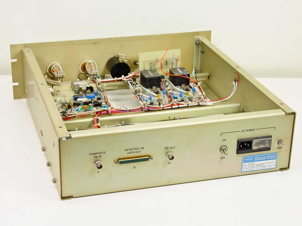 Hughes 3814120-100 FM Data Detector — rear panel and open chassis view showing internal boards, transformer, and wiring harness