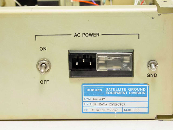 Hughes Galaxy FM Data Detector rear panel — AC Power section with ON/OFF toggle, IEC power inlet, fuse, and GND terminal