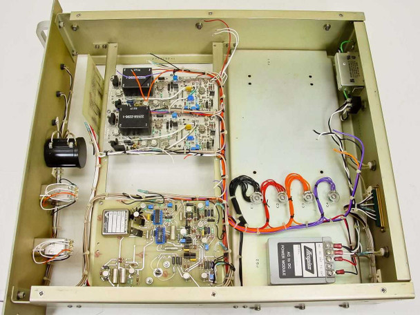 Hughes 3814120-100 FM Data Detector — top-down interior view showing multiple populated PCBs, Acopian power module, and wiring