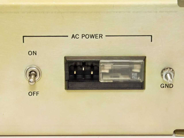 Hughes FM Data Detector Galaxy — rear panel AC power section showing ON/OFF toggle switch, fused IEC power inlet, and GND post