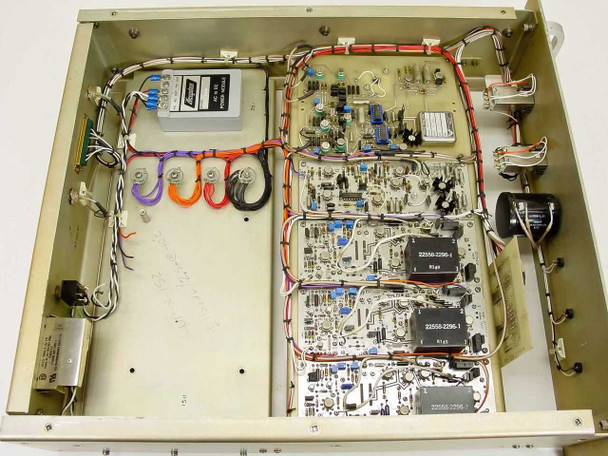 Hughes 3814120-100 FM Data Detector — top-down interior view showing full PCB layout, wiring harness, and internal subassemblies