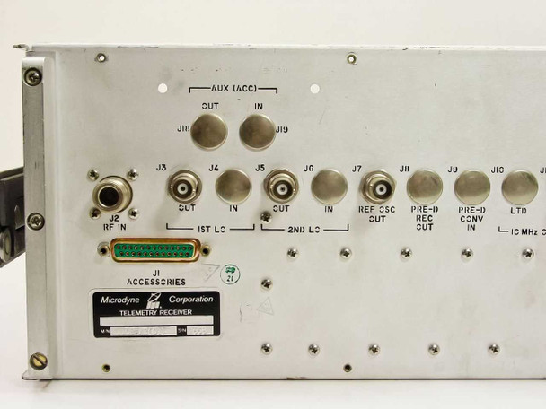 Microdyne 1100-AR rear panel left section – RF IN BNC (J2), 1ST LC and 2ND LC loop connectors (J3–J6), REF CSC CUT, PRE-D REC CUT, PRE-D CONV IN, LTD connectors, and D-sub Accessories connector (J1)