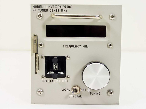 Microdyne 1111-VT RF Tuner – front panel view showing FREQUENCY MHz display, CRYSTAL SELECT switch, LOCAL/RMT switch, and TUNING knob