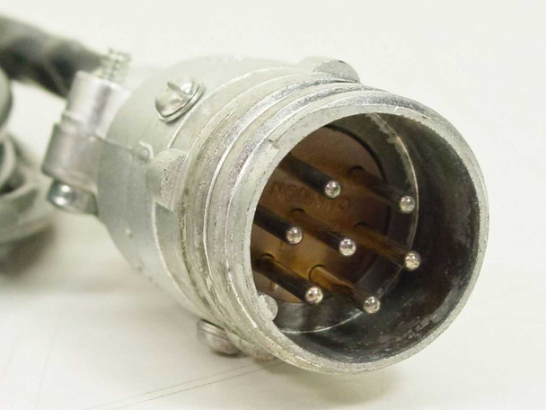 Close-up of circular multi-pin male connector end of the load cell cable showing pin arrangement
