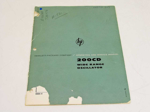 HP 200CD Wide Range Oscillator Operating and Service Manual — front cover showing HP logo, title, and handwritten notations with wear to corners