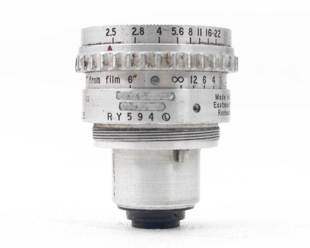 Kodak Cine Ektar 15mm f/2.5 – opposite side showing aperture scale (2.5–22), focus scale ('from film 6″ to ∞'), serial number RY594 visible on barrel
