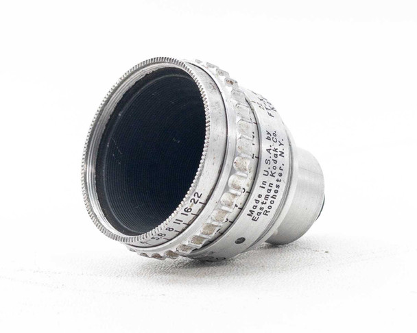 Kodak Cine Ektar 15mm f/2.5 S-Mount FT-X 4073 – three-quarter front view showing aperture ring and knurled focus ring, 'Made in USA by Eastman Kodak Co. Rochester N.Y.' label visible