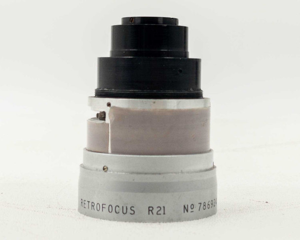 Angenieux Retrofocus R21 – front face view showing RETROFOCUS R21 No 786924 engravings on silver base ring