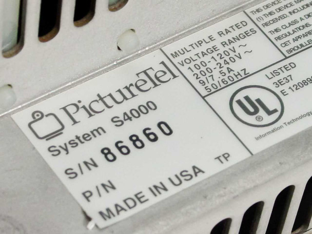 PictureTel System S4000 rating label showing model S4000, S/N 86860, multiple voltage ranges 100-120V/200-240V 9A/7.5A 50/60Hz, Made in USA, UL Listed