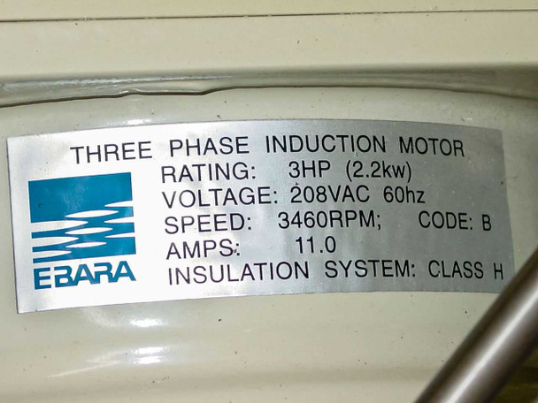 Ebara motor nameplate: Three Phase Induction Motor, 3HP (2.2kW), 208VAC 60Hz, 3460 RPM, 11.0 Amps, Class H insulation, Code B