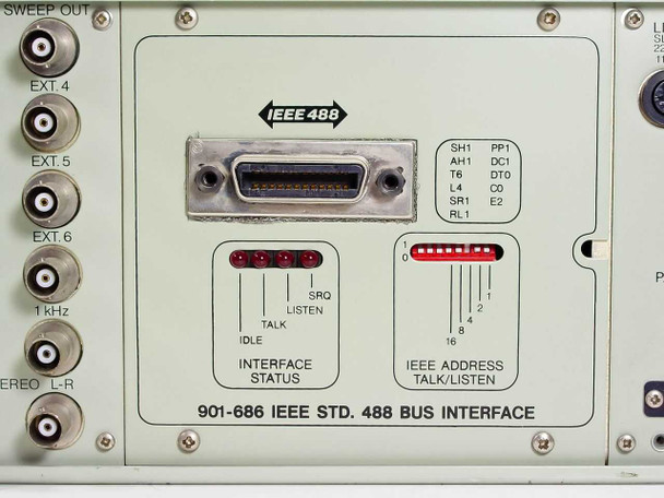 RE 107 Synthesized Signal Generator rear panel — 901-686 IEEE STD. 488 BUS INTERFACE module with GPIB connector, INTERFACE STATUS LEDs (TALK/IDLE/LISTEN/SRQ), and IEEE ADDRESS DIP switch array