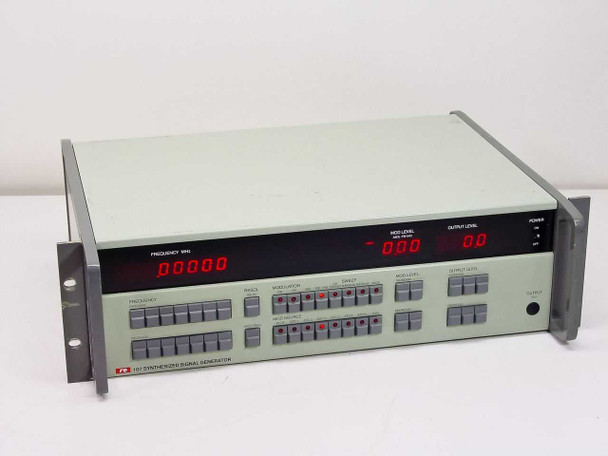 RE 107 Synthesized Signal Generator front panel — full view showing red LED frequency, mod level, and output level displays with pushbutton arrays, 3U rackmount chassis