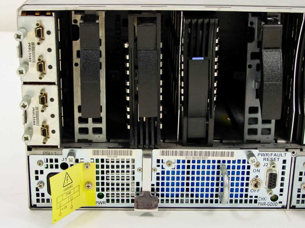 IBM 7133-D40 rear panel close-up showing DB9 SSA connectors, power supplies labeled PSU 1 and PSU 2, PWR/FAULT RESET switch J2, and PWR-G000 connector