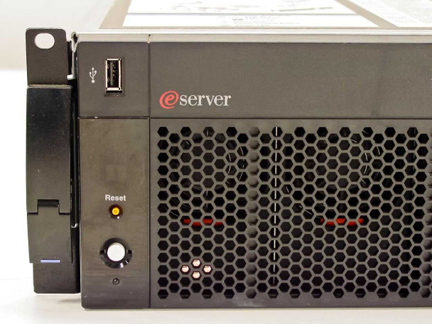 IBM eServer xSeries 360 front-left panel close-up showing USB port, reset button, and power button