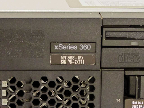 IBM xSeries 360 model label close-up showing M/T 8686-1RX and serial number