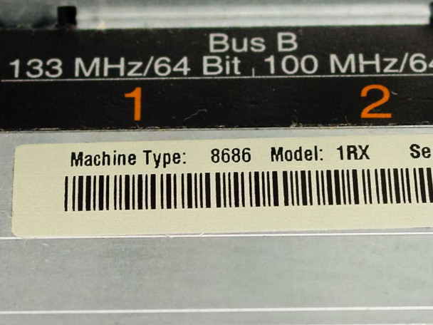 IBM xSeries 360 internal label showing Machine Type 8686 Model 1RX and PCI-X bus speeds 133 MHz and 100 MHz 64-bit