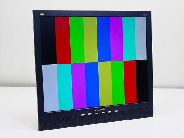 ViewSonic VA912b 19in LCD monitor powered on displaying color bar test pattern — three-quarter front-left view, no base