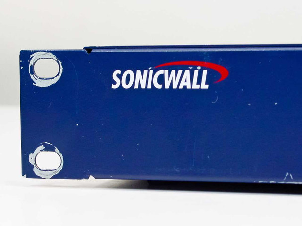 SonicWALL Pro left-side corner closeup showing SonicWALL logo with rack-mount ear and screw wear