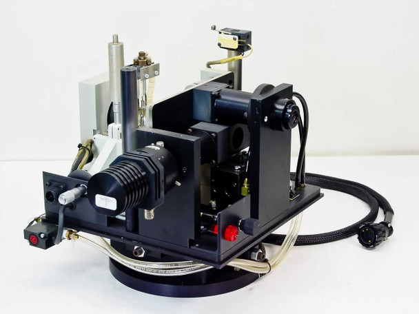 Oriel 150W arc lamp housing assembly with AO optics, pneumatic shutter, XY linear stage, and photodiode — 3/4 front-right view showing full assembly on rotary base