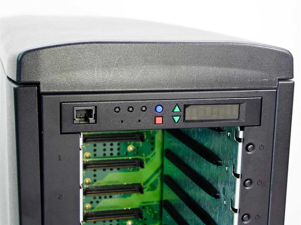 StorCase S10A114 — top front panel detail showing RJ-45 management port, blue and red status LEDs, LCD segment display, and up/down scroll buttons