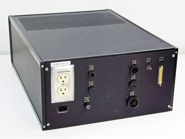 Photolithography shutter control enclosure – rear panel view showing isolated ground duplex outlet, IEC AC inlet, fuse holder, XLR connectors J5 and J6, and large circular mil-spec connectors J7 through J10 and D-sub J4