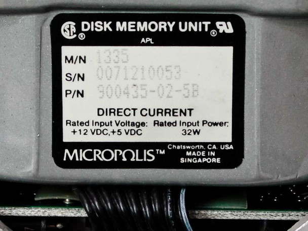 Micropolis 1335 MFM hard drive label – M/N 1335, S/N 0071210053, P/N 900435-02-5B, +12VDC +5VDC, 32W, made in Singapore
