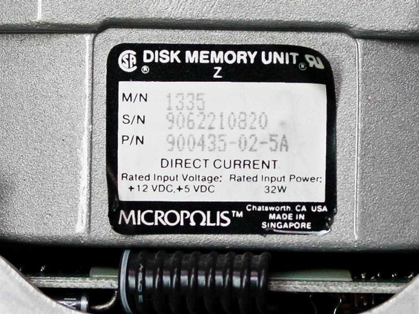 Micropolis 1335 MFM hard drive label – M/N 1335, S/N 9062210820, P/N 900435-02-5A, +12VDC +5VDC, 32W, made in Singapore