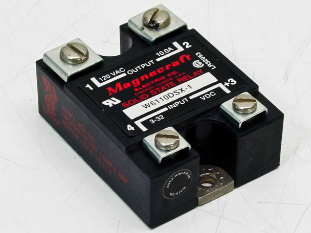 Magnecraft W6110DSX-1 Solid State Relay — front label showing 120VAC output, 10A, 3-32VDC input, screw terminals
