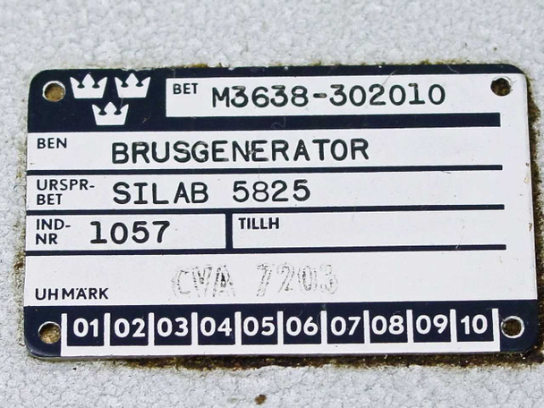 Sivers Lab M3638-302010 identification label showing BET M3638-302010, BEN BRUSGENERATOR, URSPR-BET SILAB 5825, IND-NR 1057, UH MARK CVA 7203