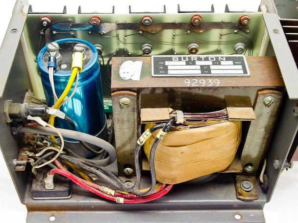 Interior of Thermco power supply chassis showing Burton transformer, large blue electrolytic capacitor, internal wiring, and terminal block connections
