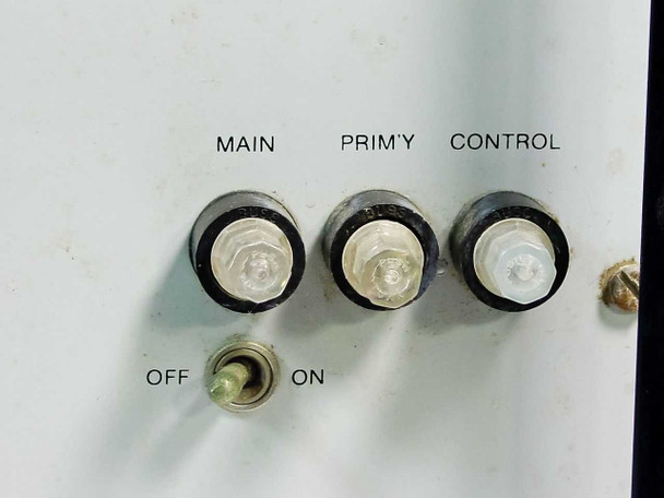 BAM-2-400 front panel close-up — three fuse holders labeled Main, Primary, and Control with OFF/ON toggle switch below
