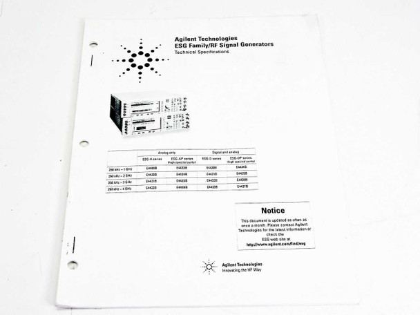 Agilent Technologies ESG Family RF Signal Generators Technical Specifications booklet cover, publication number 5965-3096E, showing ESG series model comparison table