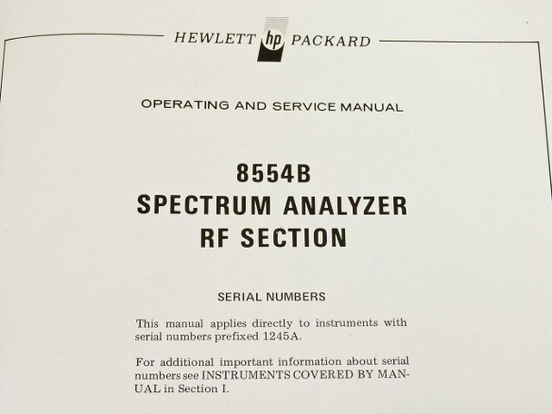 HP 8554B manual title page — Operating and Service Manual header, 8554B Spectrum Analyzer RF Section title, serial numbers note indicating coverage of SN prefix 1245A