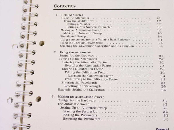 HP 8156A manual – table of contents pages 1, showing chapters: Getting Started, Using the Attenuator, Making an Attenuation Sweep