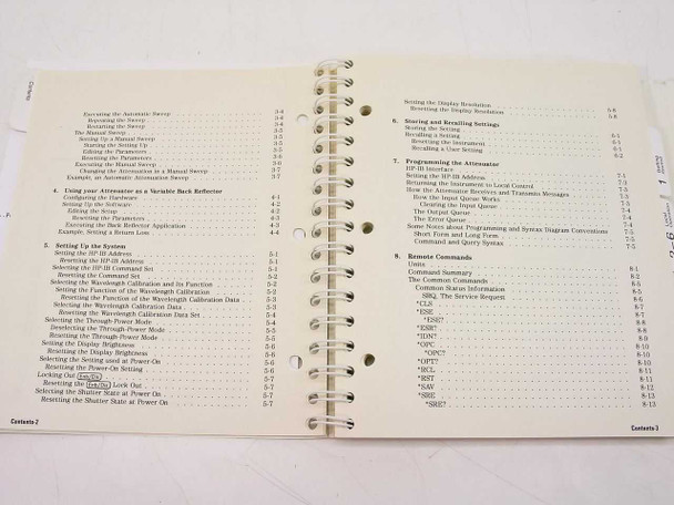 HP 8156A manual – table of contents pages 2 and 3, showing chapters on HP-IB setup, storing settings, programming the attenuator, remote commands