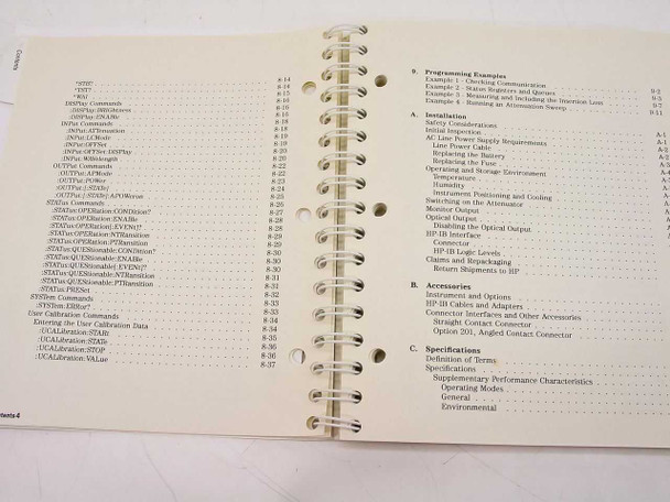 HP 8156A manual – table of contents pages 4 and 5, showing programming examples, installation, and specifications appendices