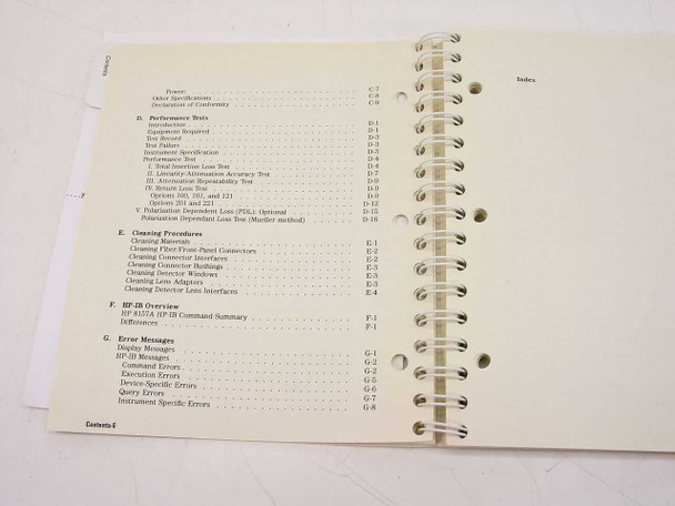 HP 8156A manual – table of contents pages showing appendices D through G: performance tests, cleaning procedures, HP-IB overview, error messages, index