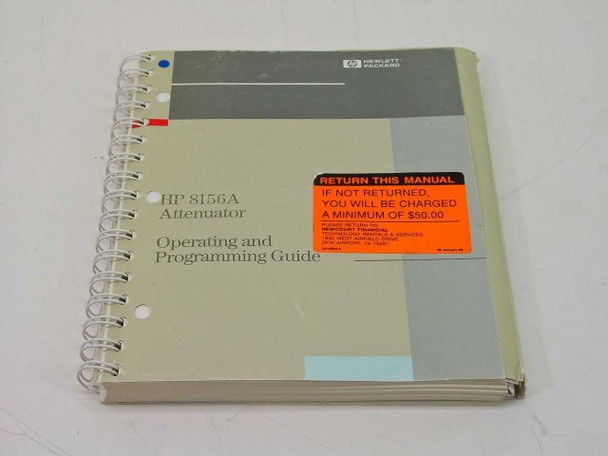 HP 8156A Attenuator Operating and Programming Guide – front cover, spiral-bound softcover with orange return sticker