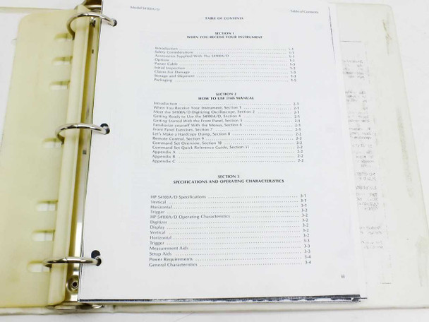 Table of Contents pages 1–3 showing Sections 1 through 3: receiving instrument, how to use manual, specifications and operating characteristics